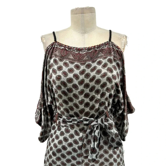 Anthropologie Bl-nk London Jumpsuit Paisley Velvet Cold Shoulder Gray Size Small - Picture 2 of 11